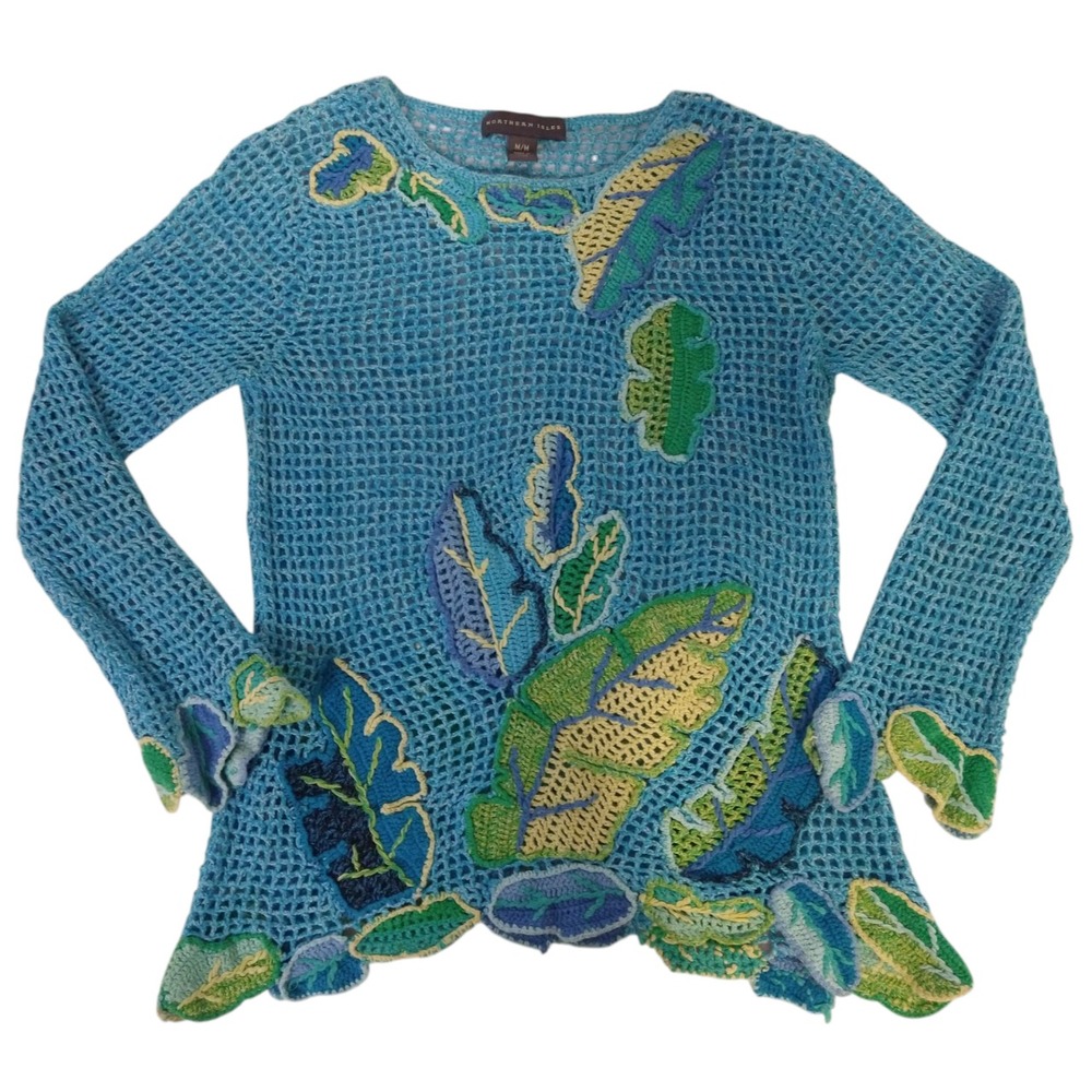 Northern Isles Sweater Top Medium Open Knit Crochet Lagenlook Asymmetrical Hem